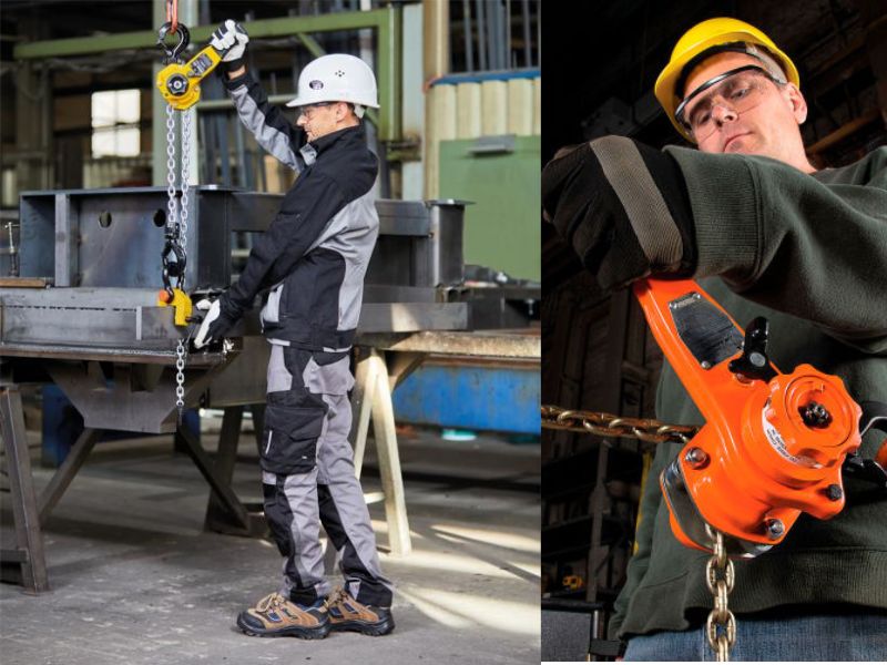 Palang xích lắc tay kết hợp với kẹp tôn và móc sắt để nâng dầm
