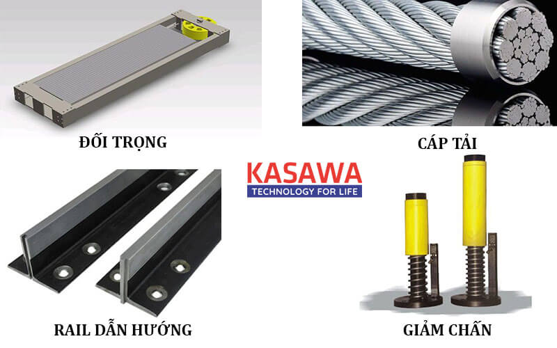Cáp, rail, đối trọng và bộ giảm chấn