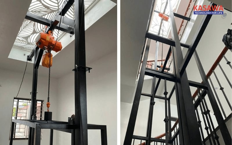 Thang nâng hàng Kasawa thi công lắp đặt với động cơ pa lăng xích điện